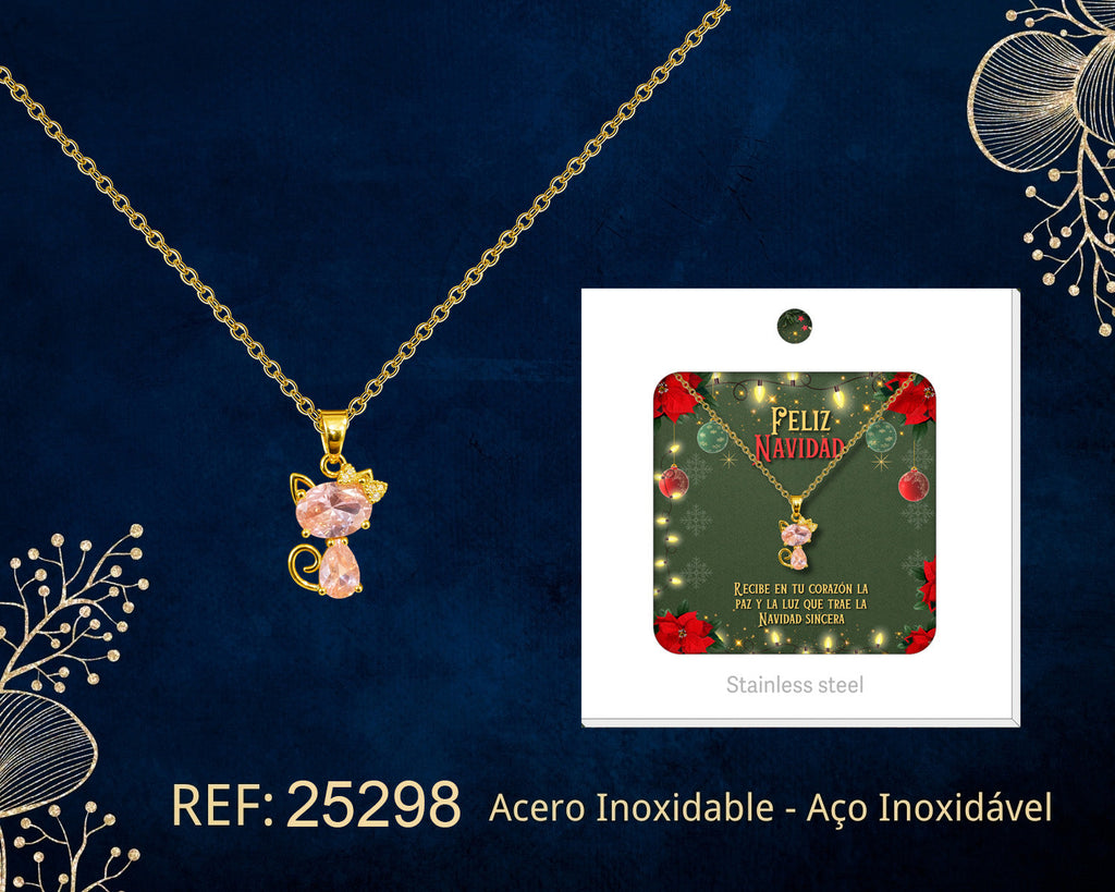 Collar dorado de gato rosa junto a su tarjeta de regalo, sobre fondo oscuro.
