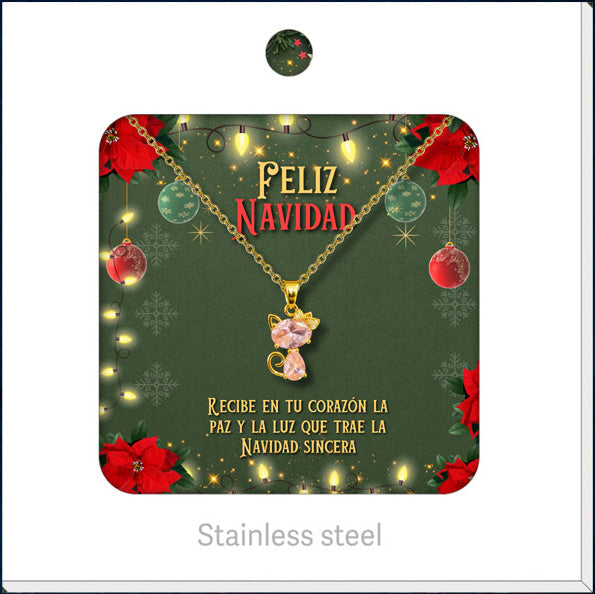 Collar dorado de gato rosa, presentado en tarjeta navideña.