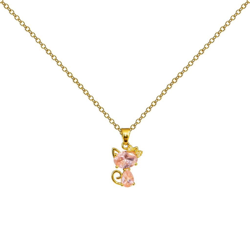 Collar dorado de gato rosa, con silueta de gato, sobre fondo blanco.