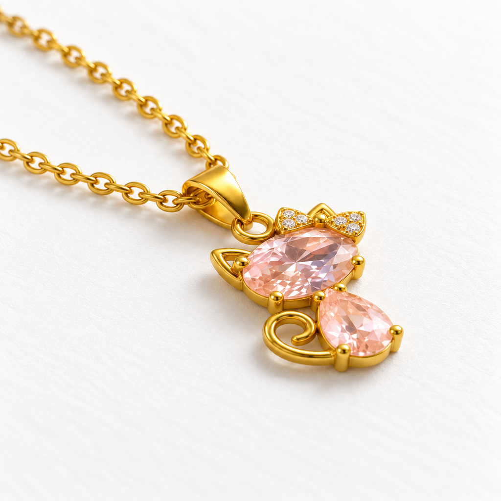Collar dorado con gato de piedras rosas, detalle en una mesa blanca