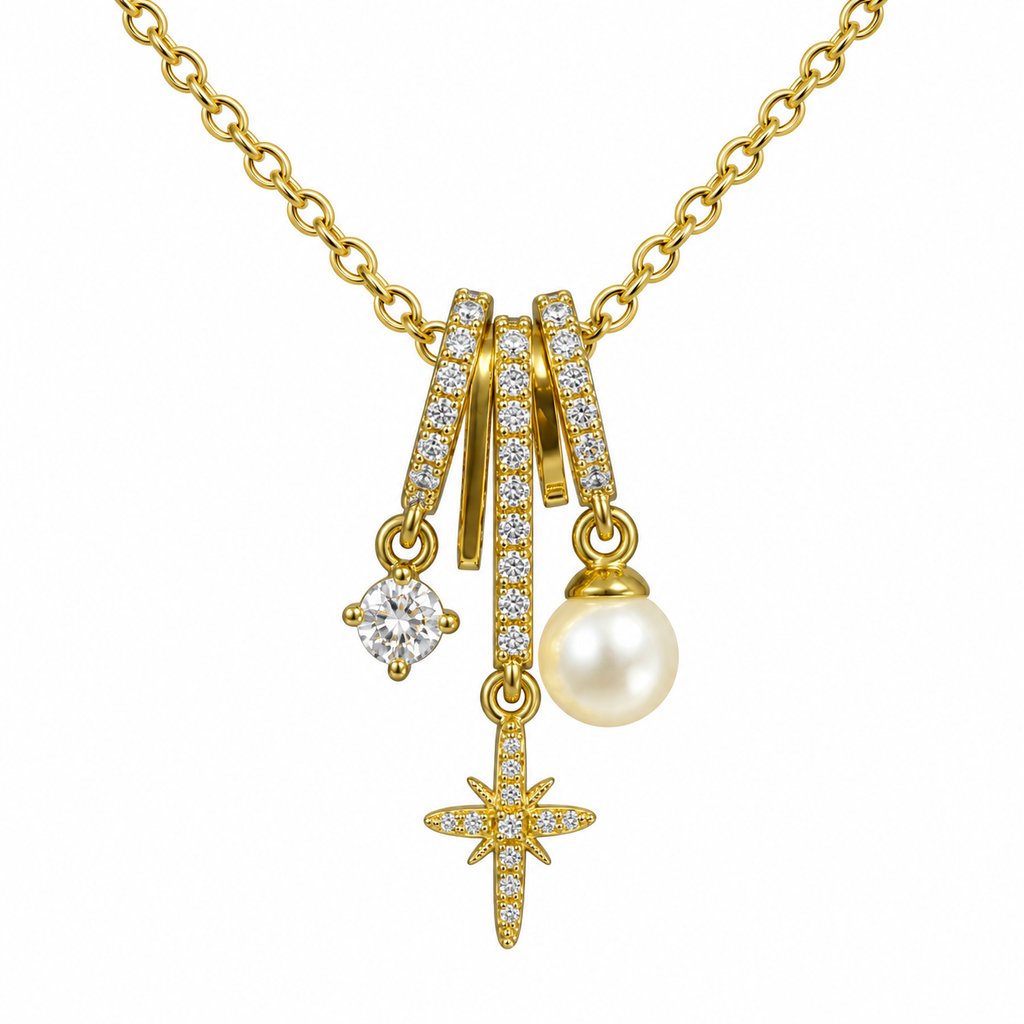 Collar dorado con piedra redonda, estrella y perla, primer plano de los detalles
