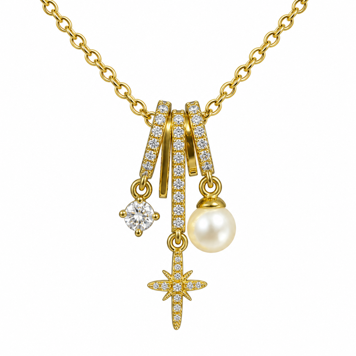 Collar dorado con piedra redonda, estrella y perla, primer plano de los detalles