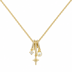 Collar dorado con piedra redonda, estrella y perla sobre fondo blanco