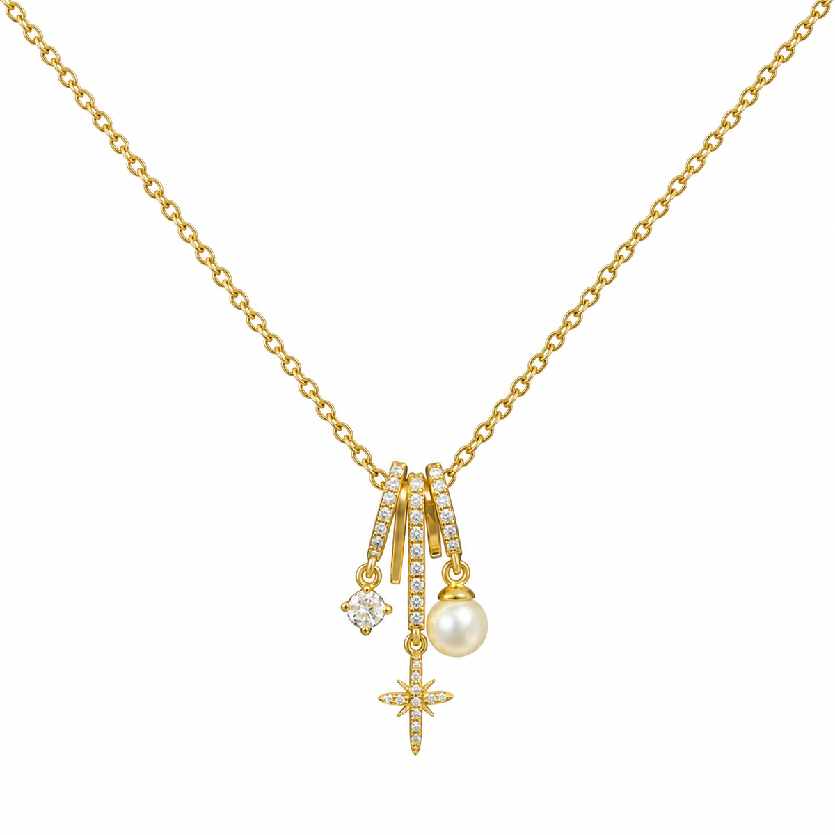 Collar dorado con piedra redonda, estrella y perla sobre fondo blanco