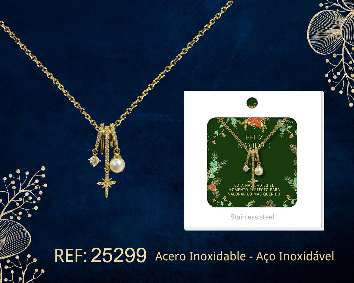 Collar dorado de estrella y esfera clara junto a su tarjeta de regalo, sobre fondo oscuro.