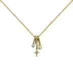 Collar dorado de estrella y esfera clara, con un pequeño detalle brillante, sobre fondo blanco.