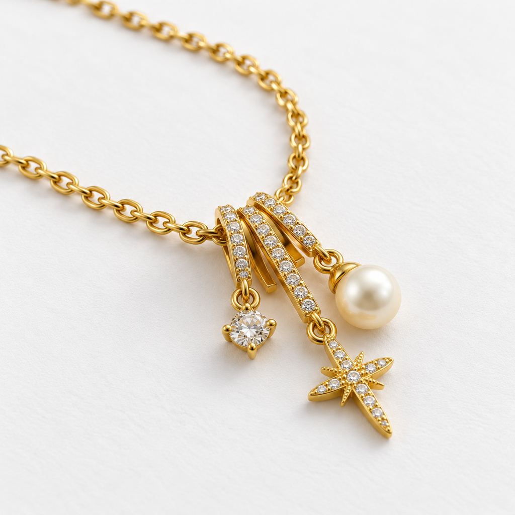 Collar dorado con piedra redonda, estrella y perla, detalle en una mesa blanca