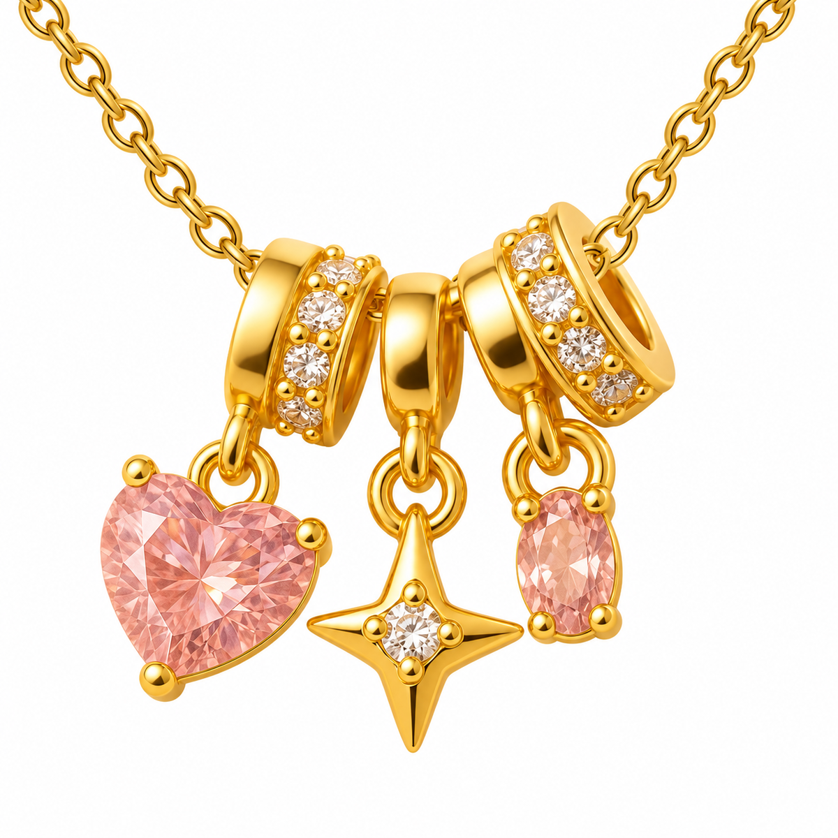 Collar dorado con corazón rosa, estrella y piedra ovalada, primer plano de los detalles