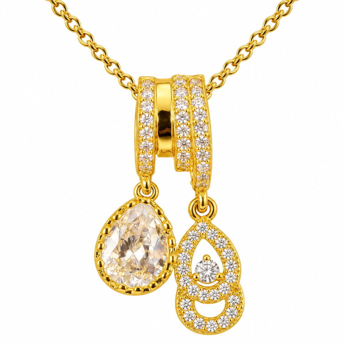 Collar dorado con colgante de gota y doble aro, primer plano de los detalles
