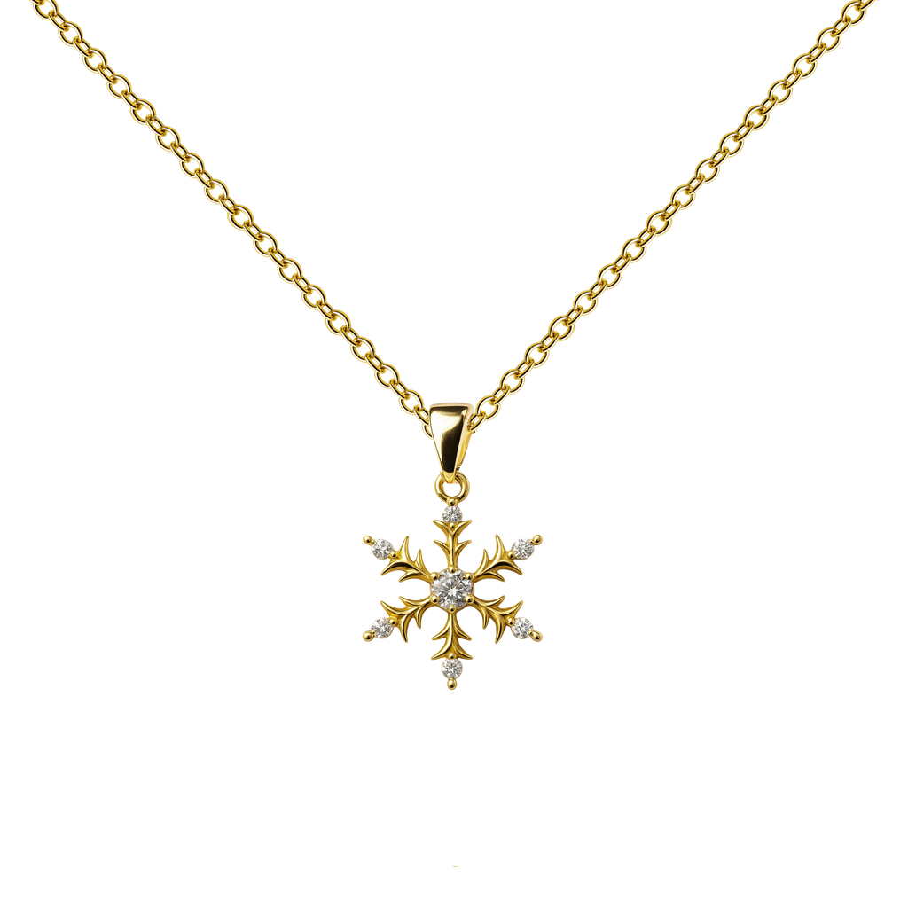 Collar dorado de copo de nieve, con detalles claros, sobre fondo blanco.