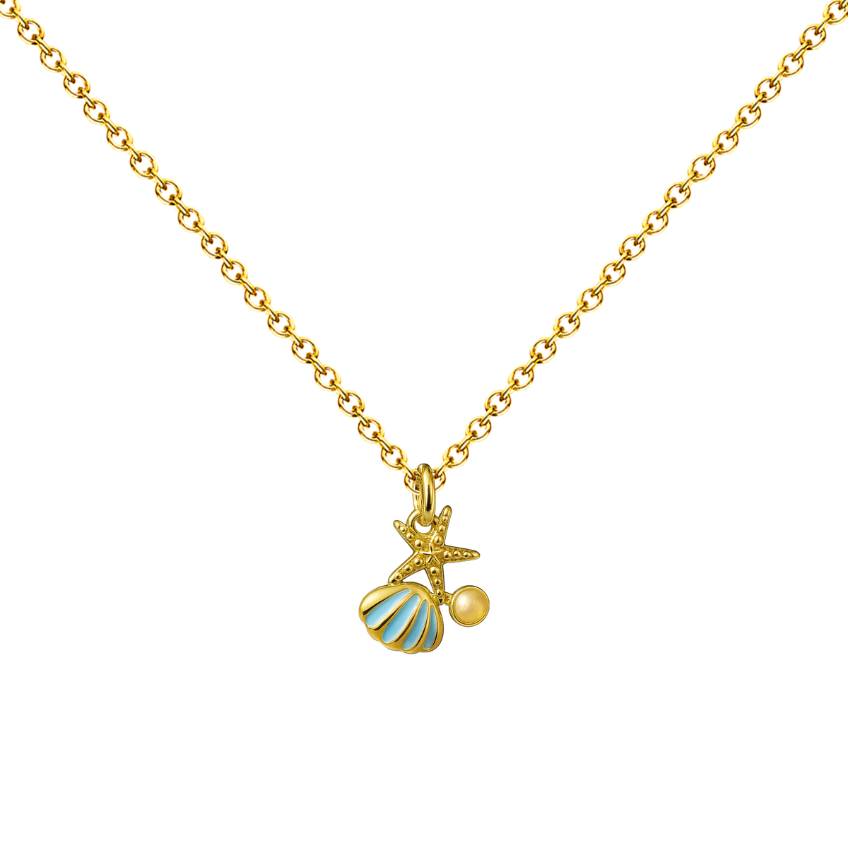 Collar dorado de concha y estrella de mar, con concha en tonos azules y claros, sobre fondo blanco.
