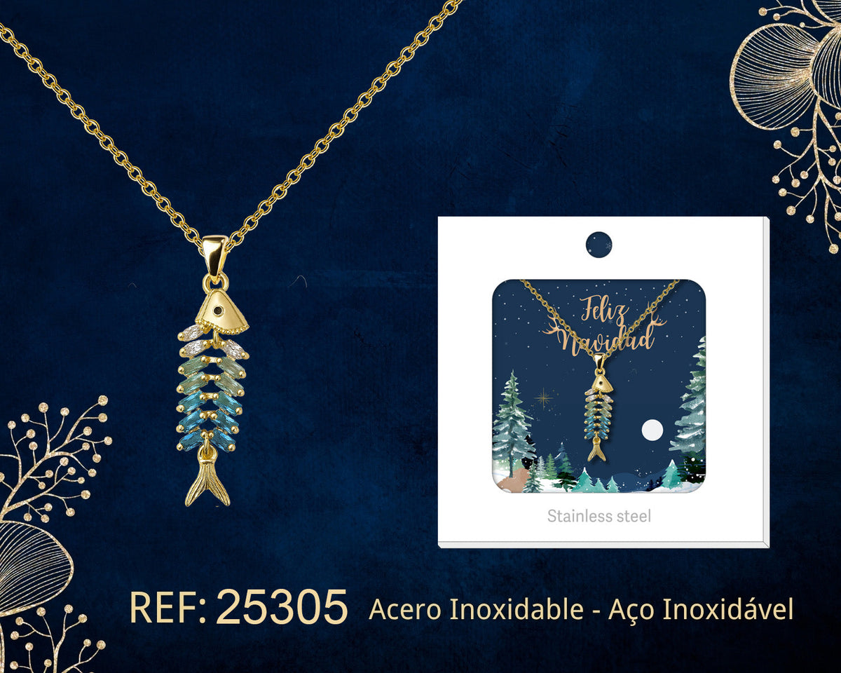 Collar dorado de pez con cuerpo segmentado junto a su tarjeta de regalo, sobre fondo oscuro.