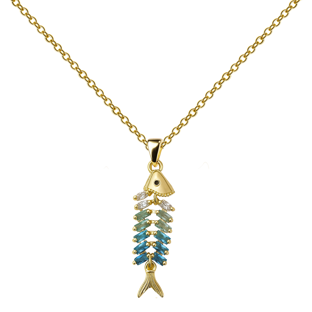 Collar dorado de pez con cuerpo segmentado, con piezas azules y verdes, sobre fondo blanco.