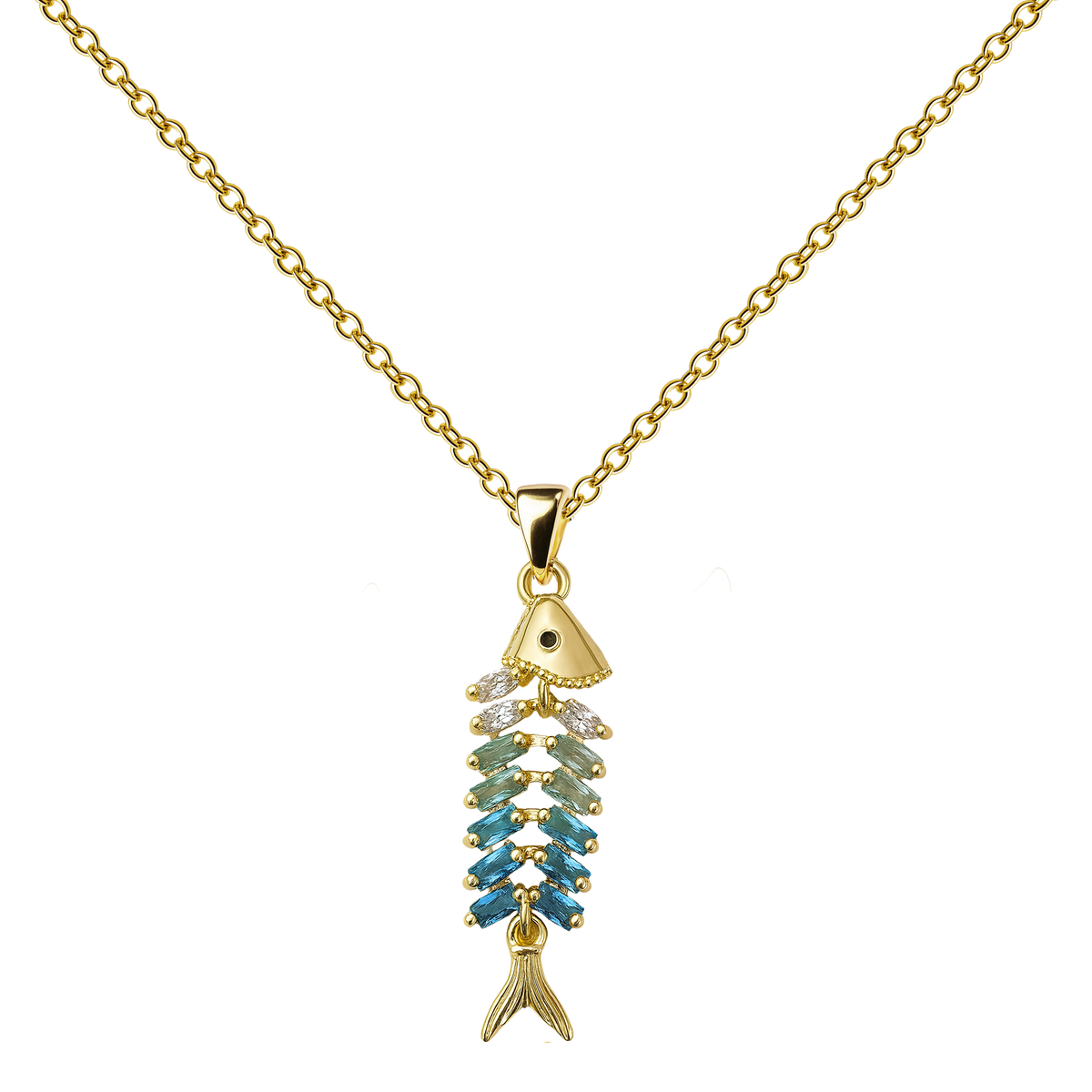 Collar dorado de pez con cuerpo segmentado, con piezas azules y verdes, sobre fondo blanco.