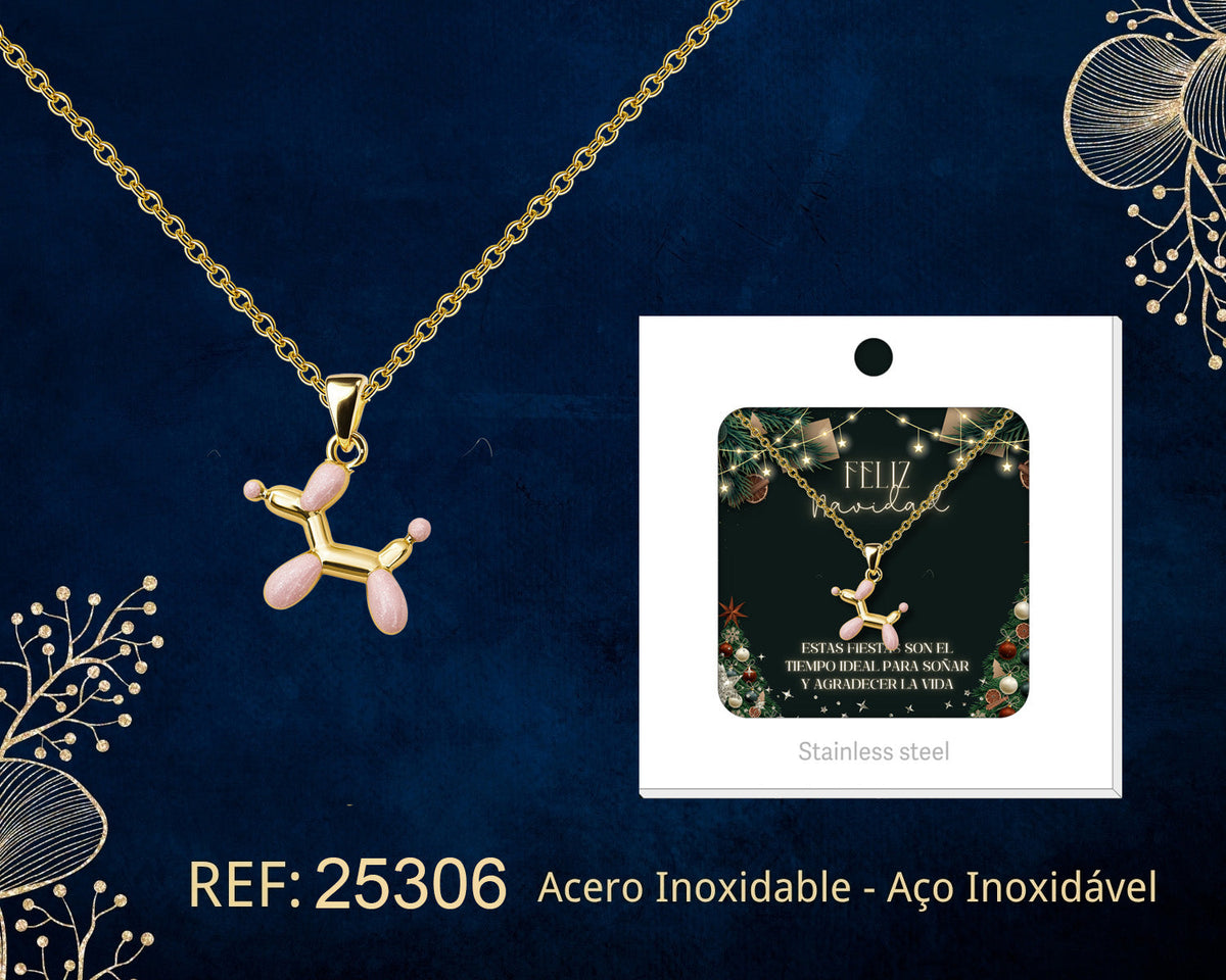 Collar de perro de globoflexia en tonos rosas y dorados junto a su tarjeta de regalo, sobre fondo oscuro.