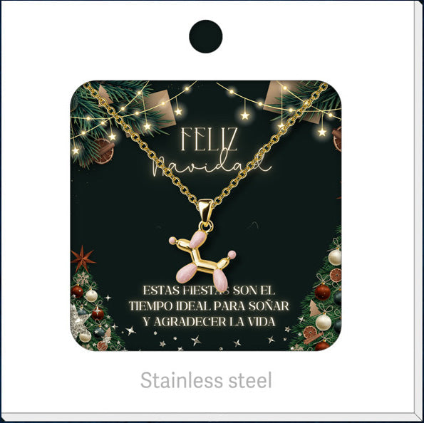 Collar de perro de globoflexia en tonos rosas y dorados, presentado en tarjeta navideña.