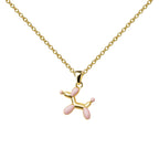 Balloon dog necklace in pink and gold tones, front view on a white background.