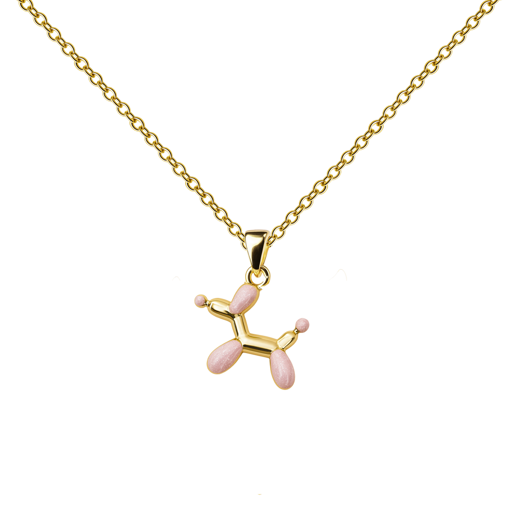 Balloon Dog Necklace with Wings and Heart, in pink and gold tones, on a white background.