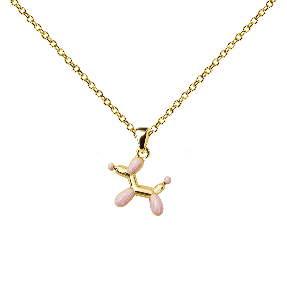 Collar de perro de globoflexia con alas y corazón, en tonos rosas y dorados, sobre fondo blanco.