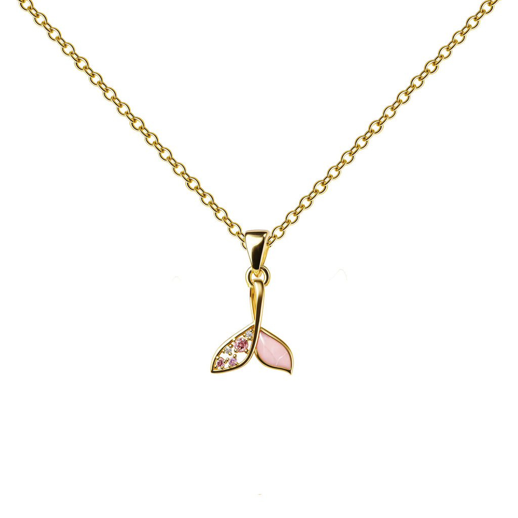 Collar dorado con colgante de dos formas rosas, vista frontal sobre fondo blanco.