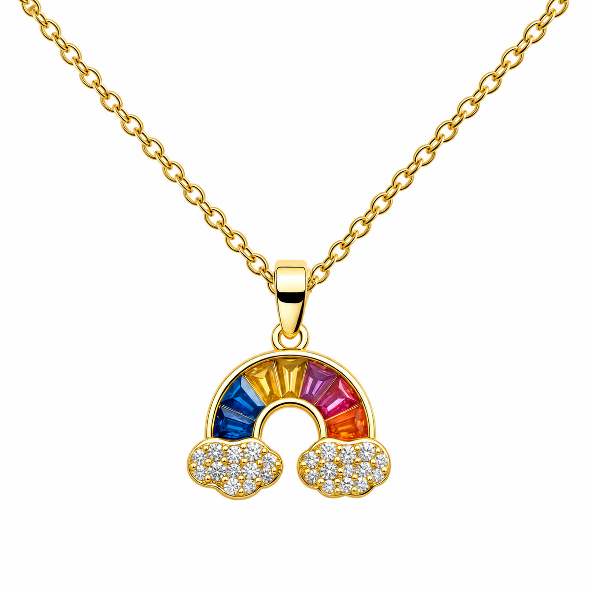 Collar con arco de colores y nubes sobre fondo blanco