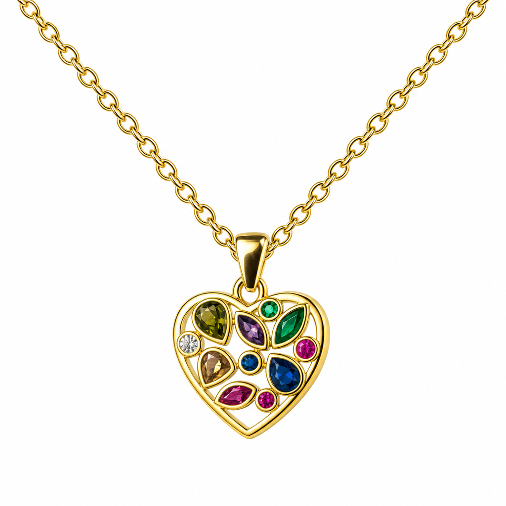 Collar con corazón calado y piedras de colores sobre fondo blanco