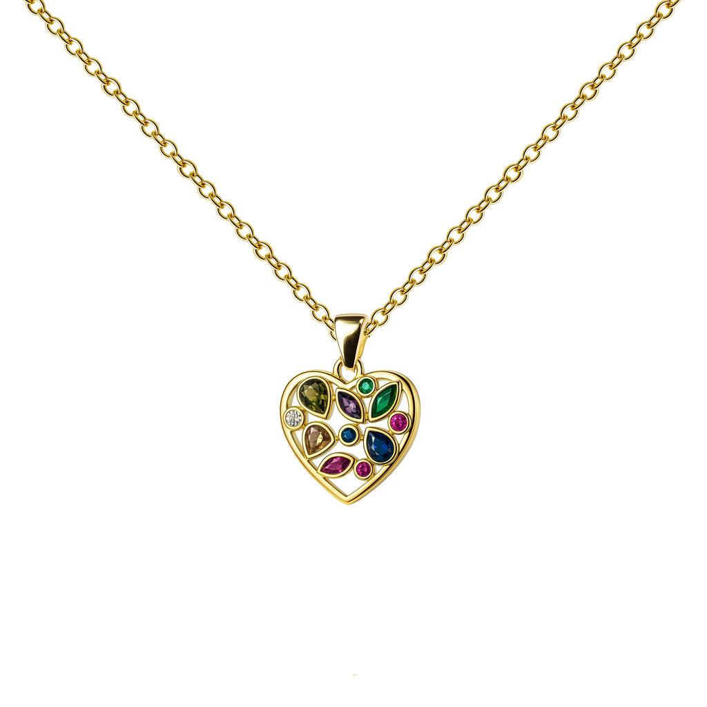 Collar dorado de corazón multicolor, vista frontal sobre fondo blanco.