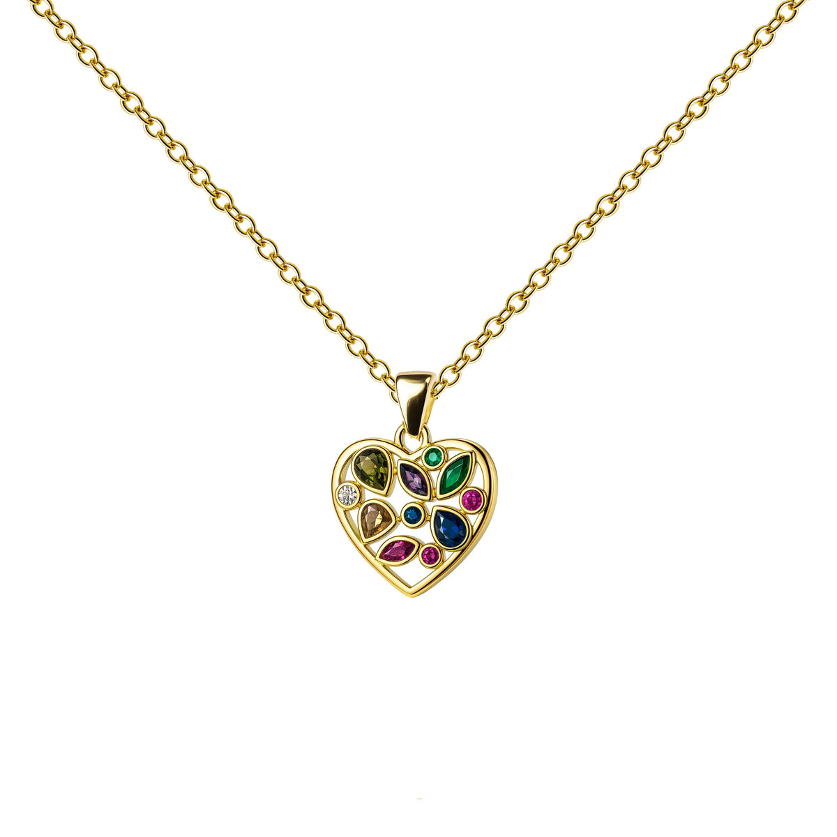 Collar dorado de corazón multicolor, vista frontal sobre fondo blanco.