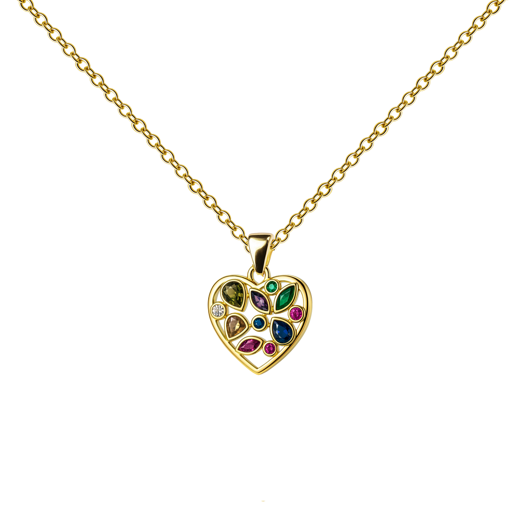 Collar dorado de corazón multicolor, con detalles rosas, azules y amarillos, sobre fondo blanco.