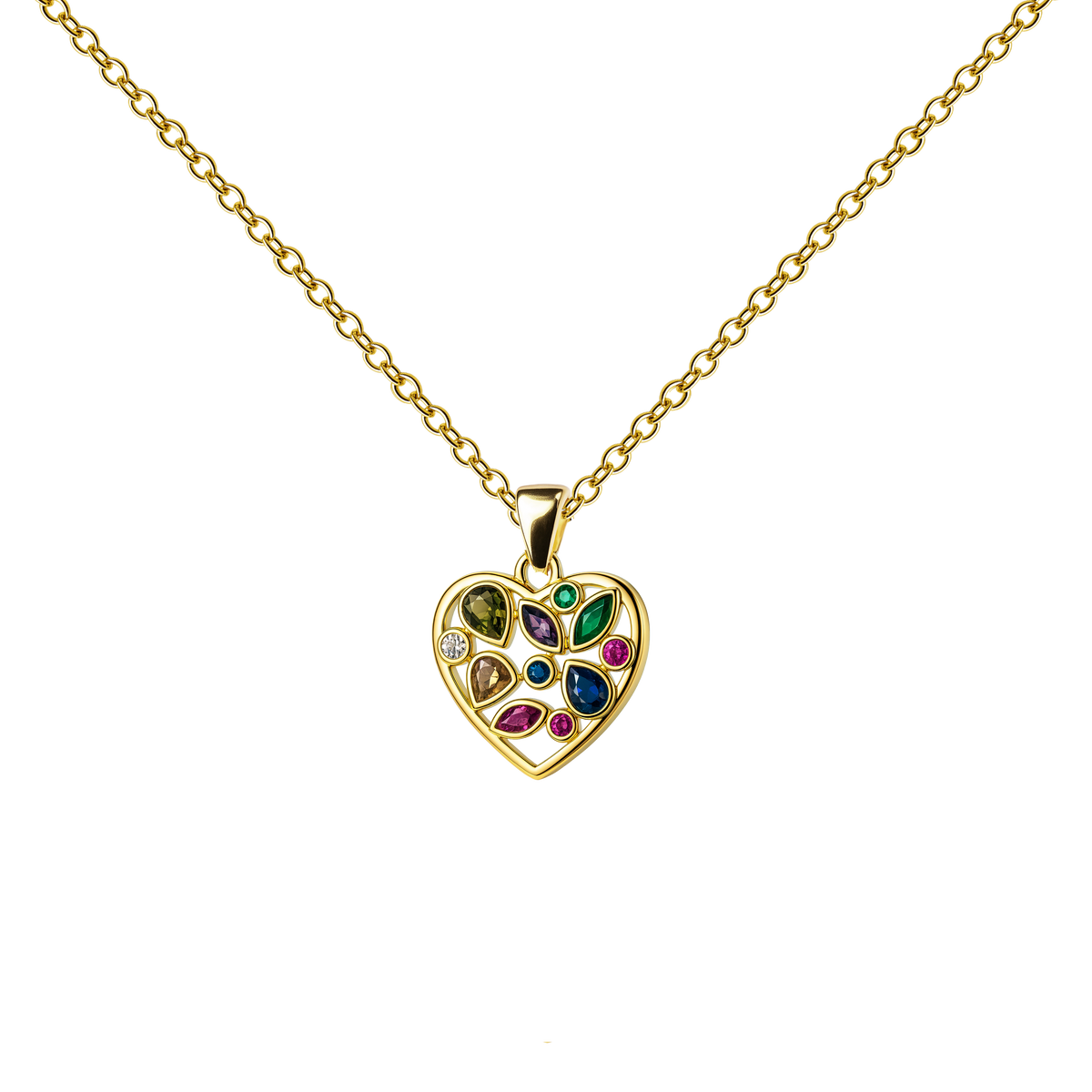 Collar dorado de corazón multicolor, con detalles rosas, azules y amarillos, sobre fondo blanco.