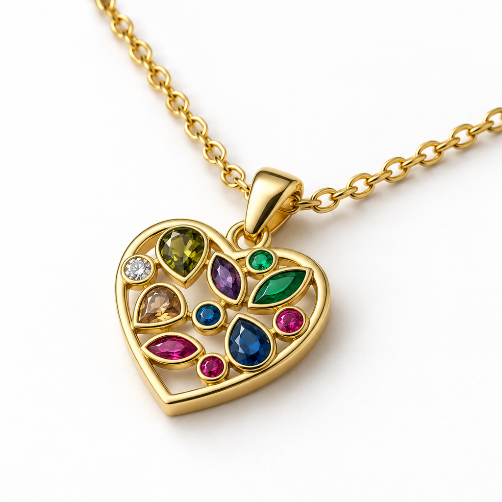 Collar con corazón calado y piedras de colores en vista oblicua sobre una superficie blanca
