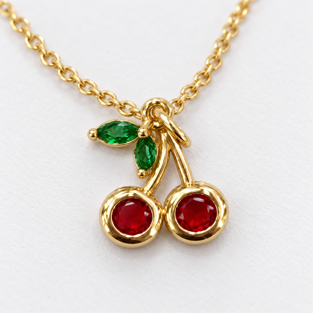 Collar dorado de cerezas rojas y hojas verdes, vista en ángulo sobre fondo blanco.