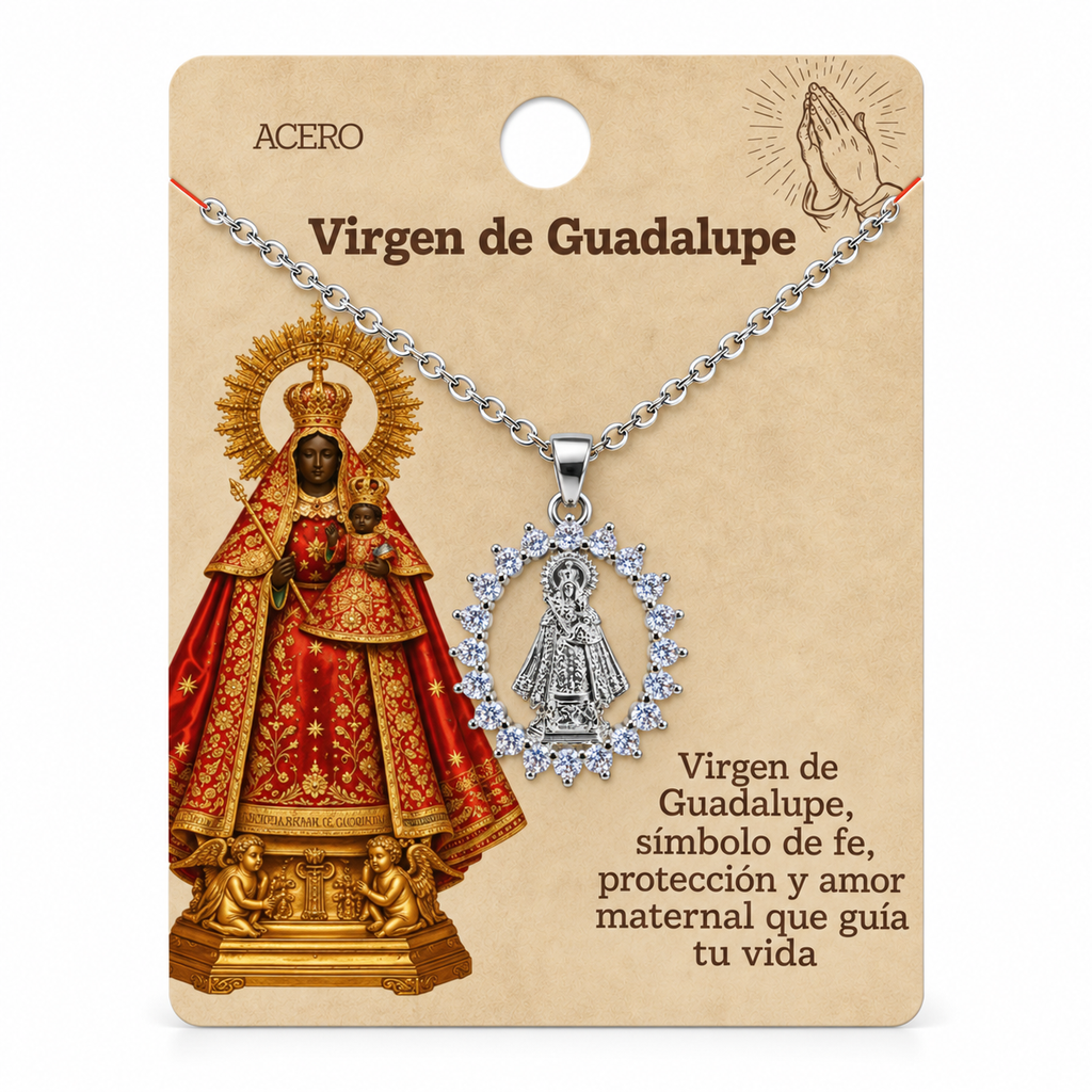Collar Virgen Guadalupe Plateado con tarjeta - 25757