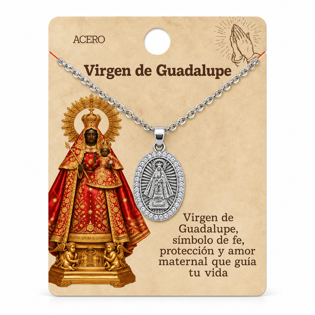Collar Virgen Guadalupe Plateado con tarjeta - 25759