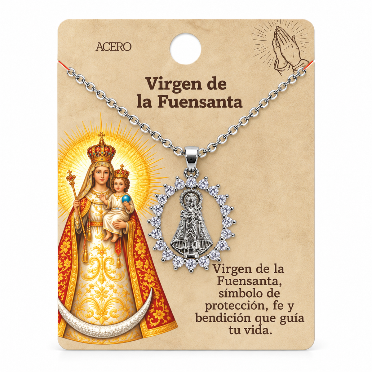 Collar Virgen Fuensanta Plateado con tarjeta - 25768