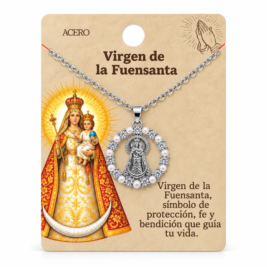 Collar Virgen Fuensanta Plateado con tarjeta - 25772