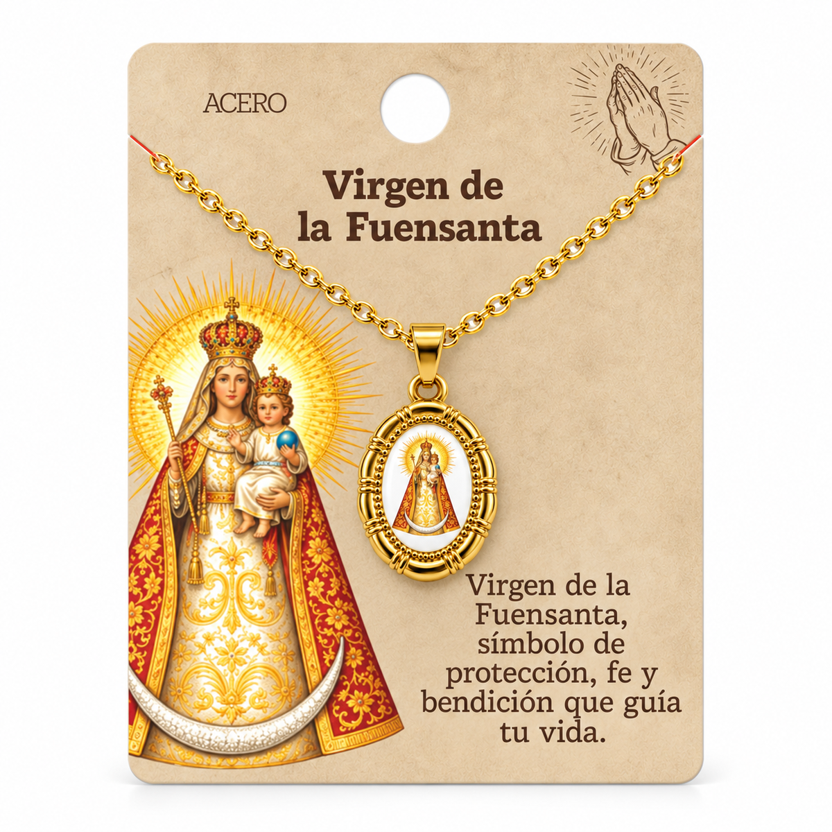 Collar Virgen Fuensanta Dorado con tarjeta - 25775