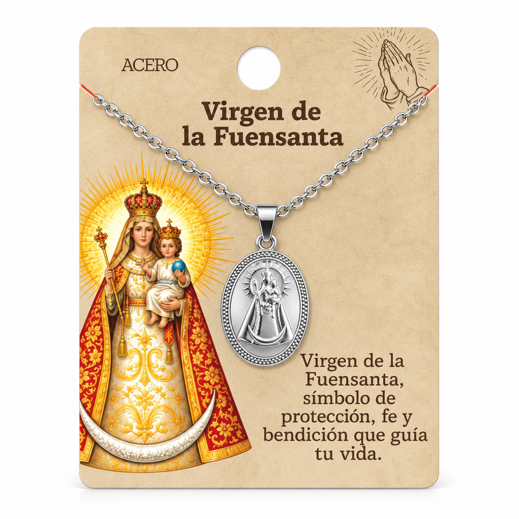 Collar Virgen Fuensanta Plateado con tarjeta - 25776