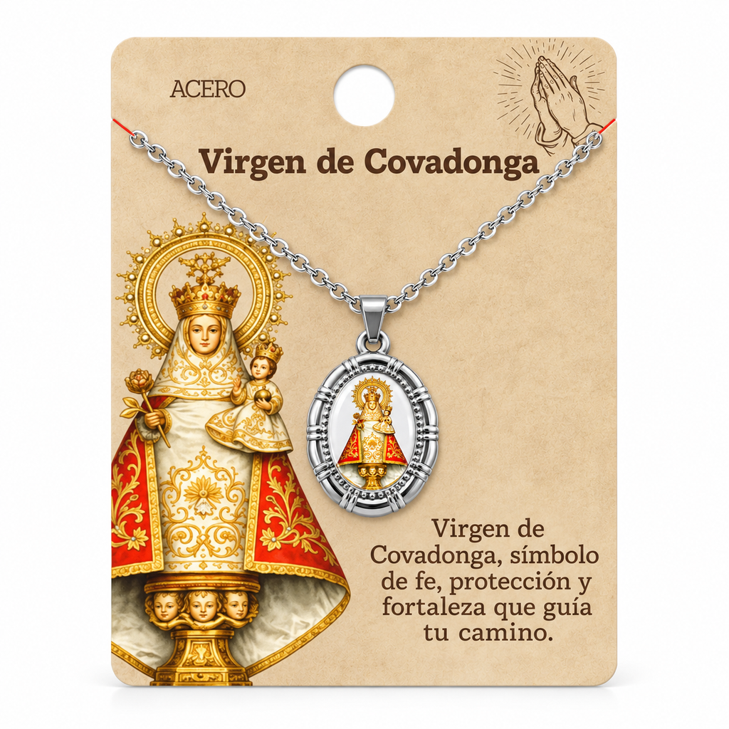 Collar Virgen Covadonga Plateado con tarjeta - 25785