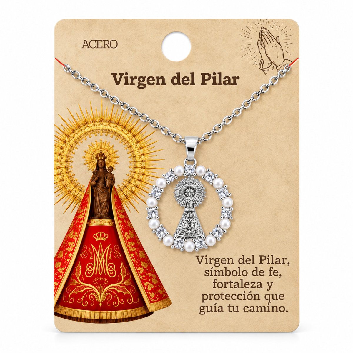 Collar Virgen Pilar Plateado con tarjeta - 25794