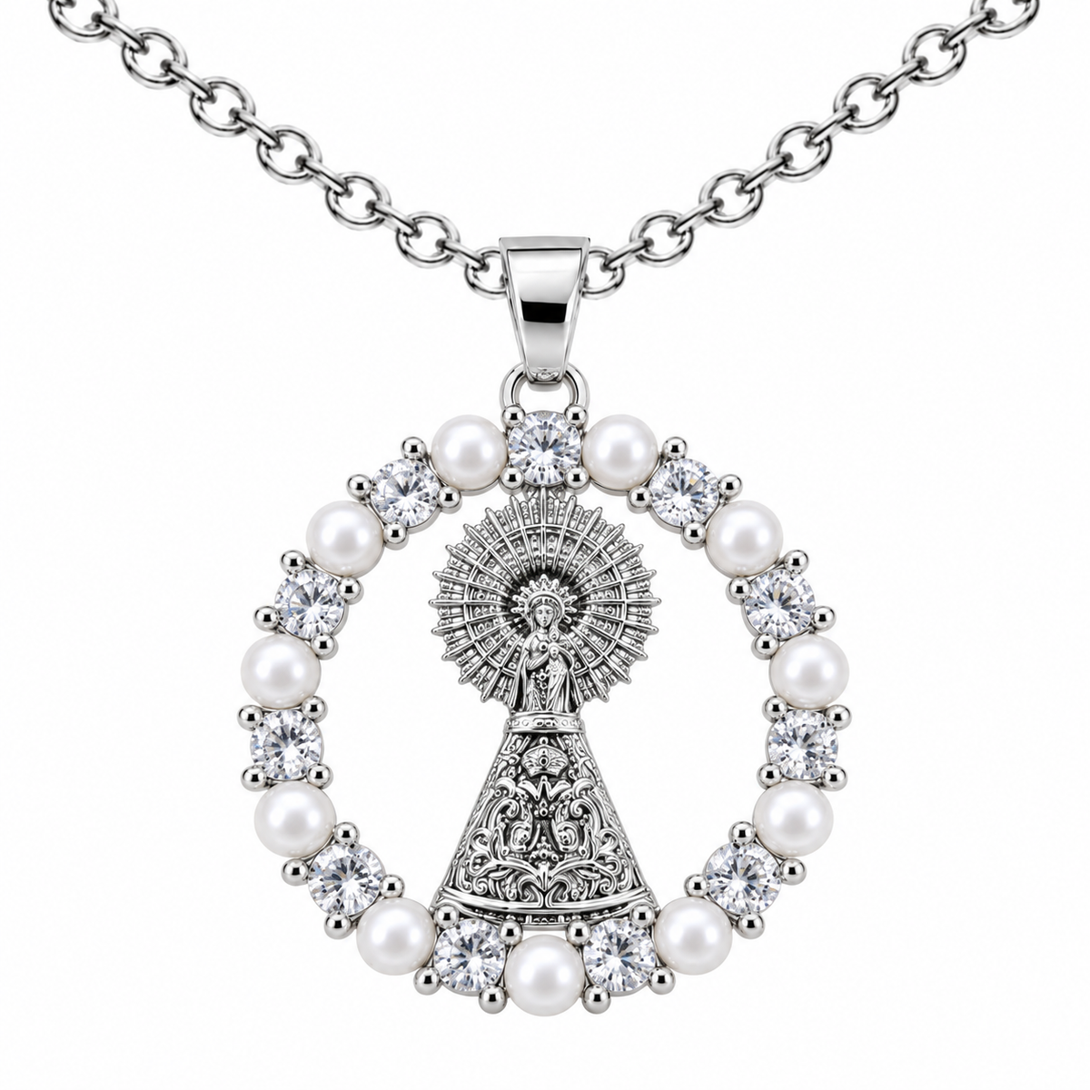 Collar Virgen Pilar Plateado sobre fondo blanco - 25794