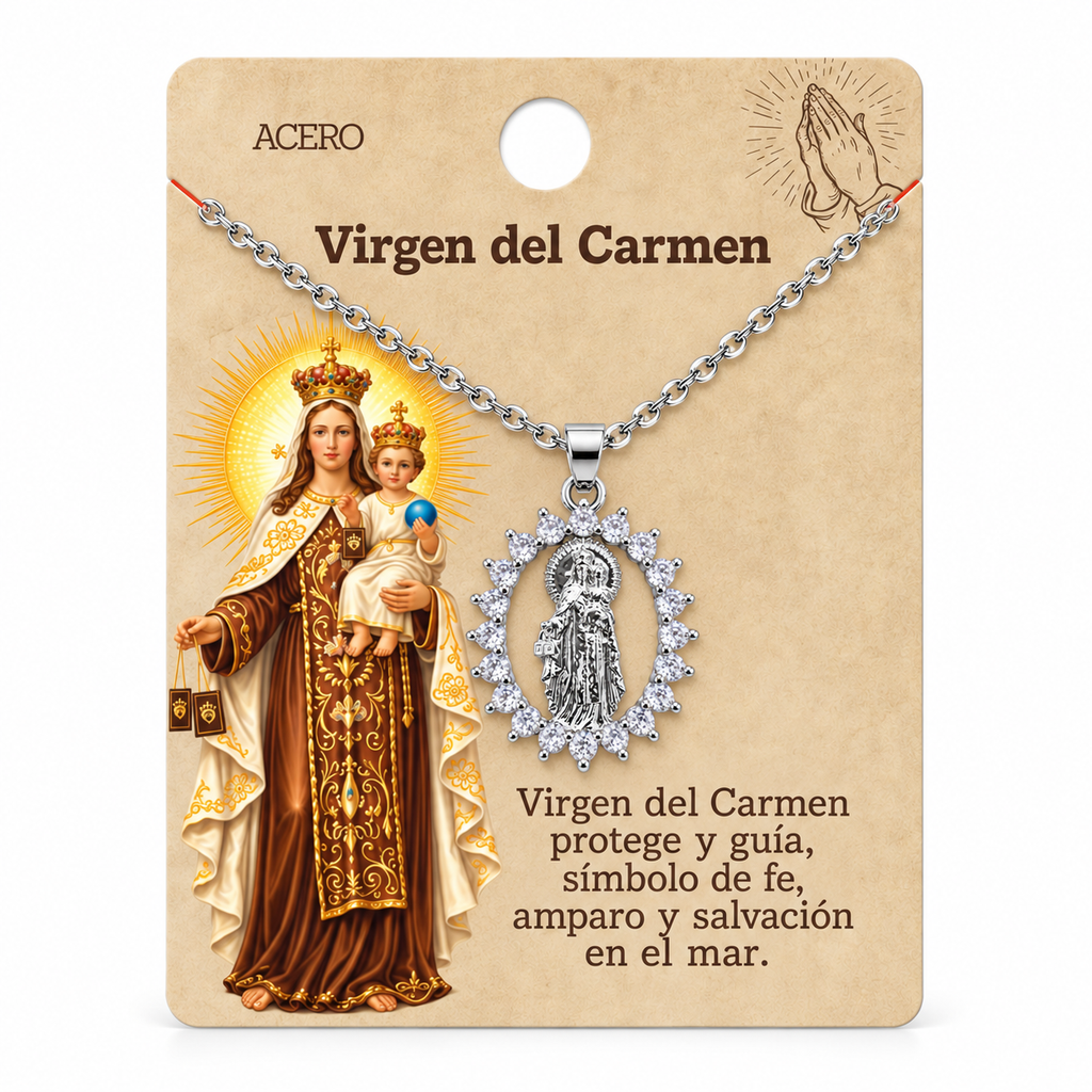Collar Virgen Carmen Plateado con tarjeta - 25801