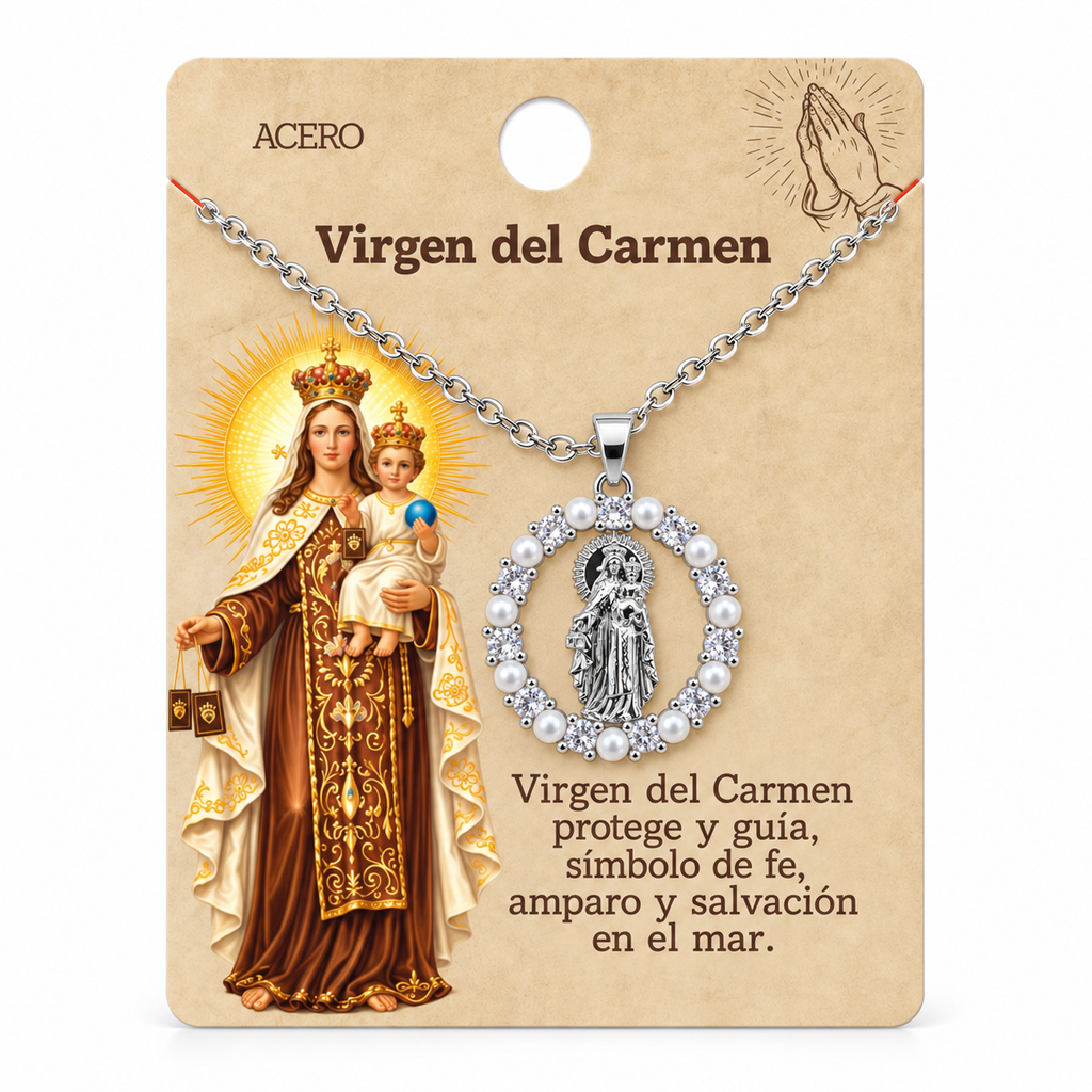 Collar Virgen Carmen Plateado con tarjeta - 25805