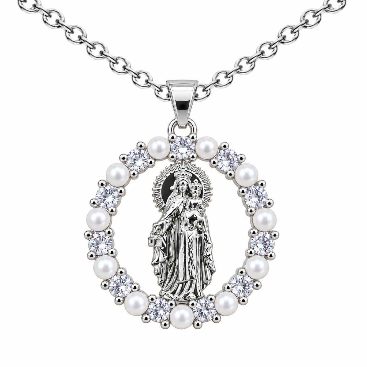 Collar Virgen Carmen Plateado sobre fondo blanco - 25805