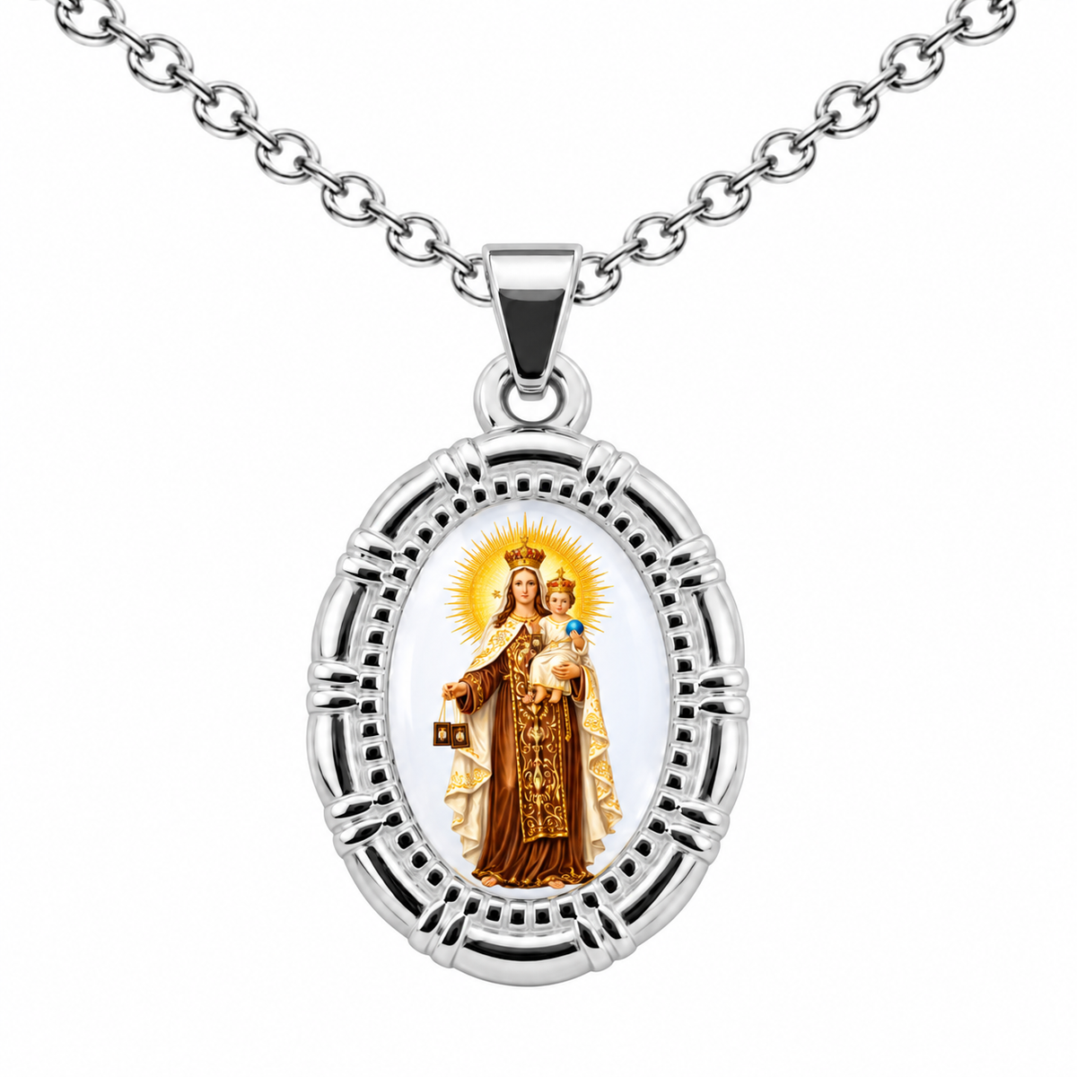 Collar Virgen Carmen Plateado sobre fondo blanco - 25807