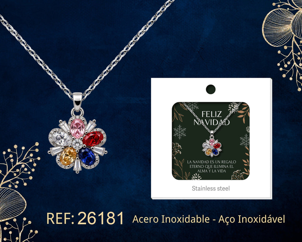 Collar de flor multicolor con circonitas junto a su tarjeta de regalo, sobre fondo oscuro.