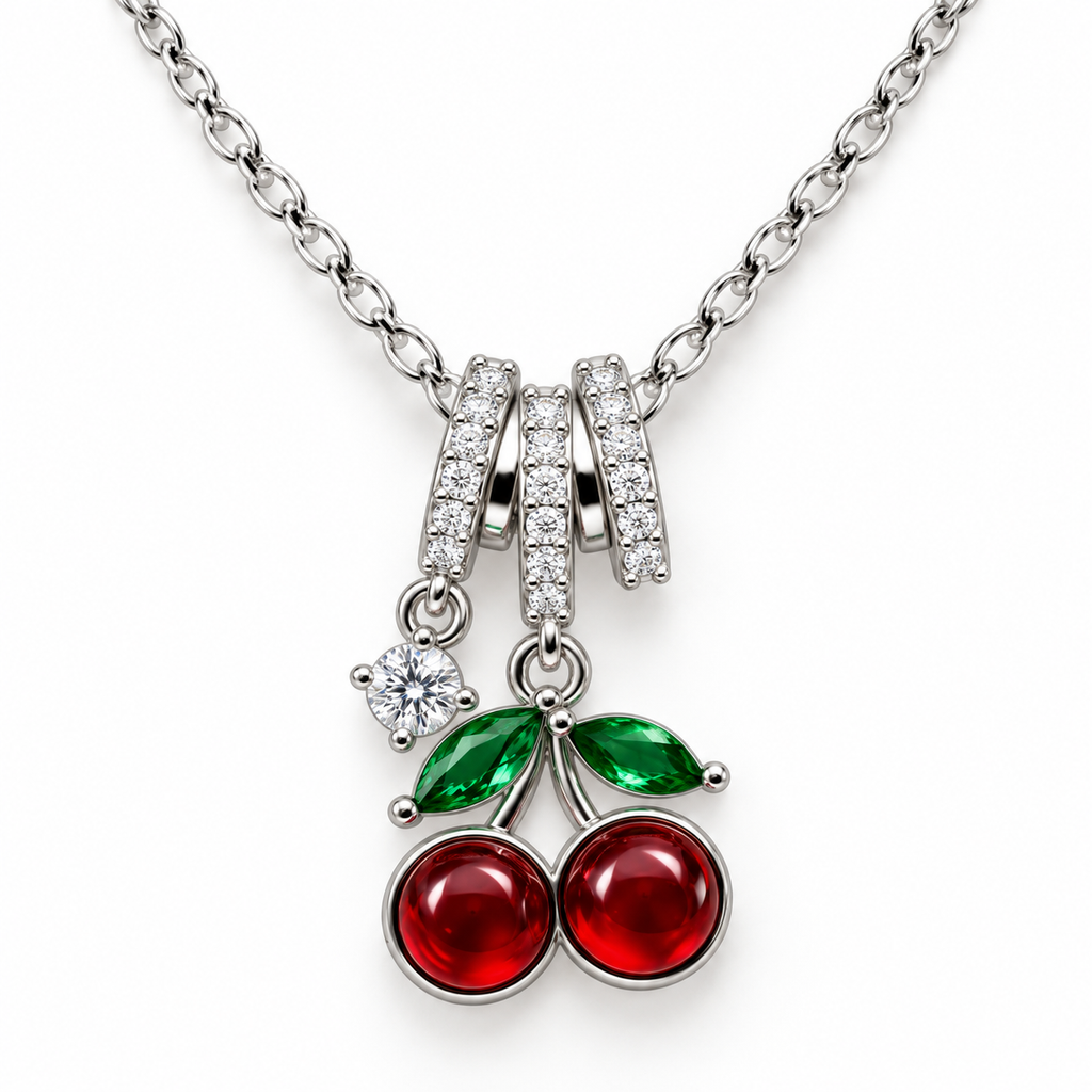 Collar de cerezas rojas, primer plano de los detalles.