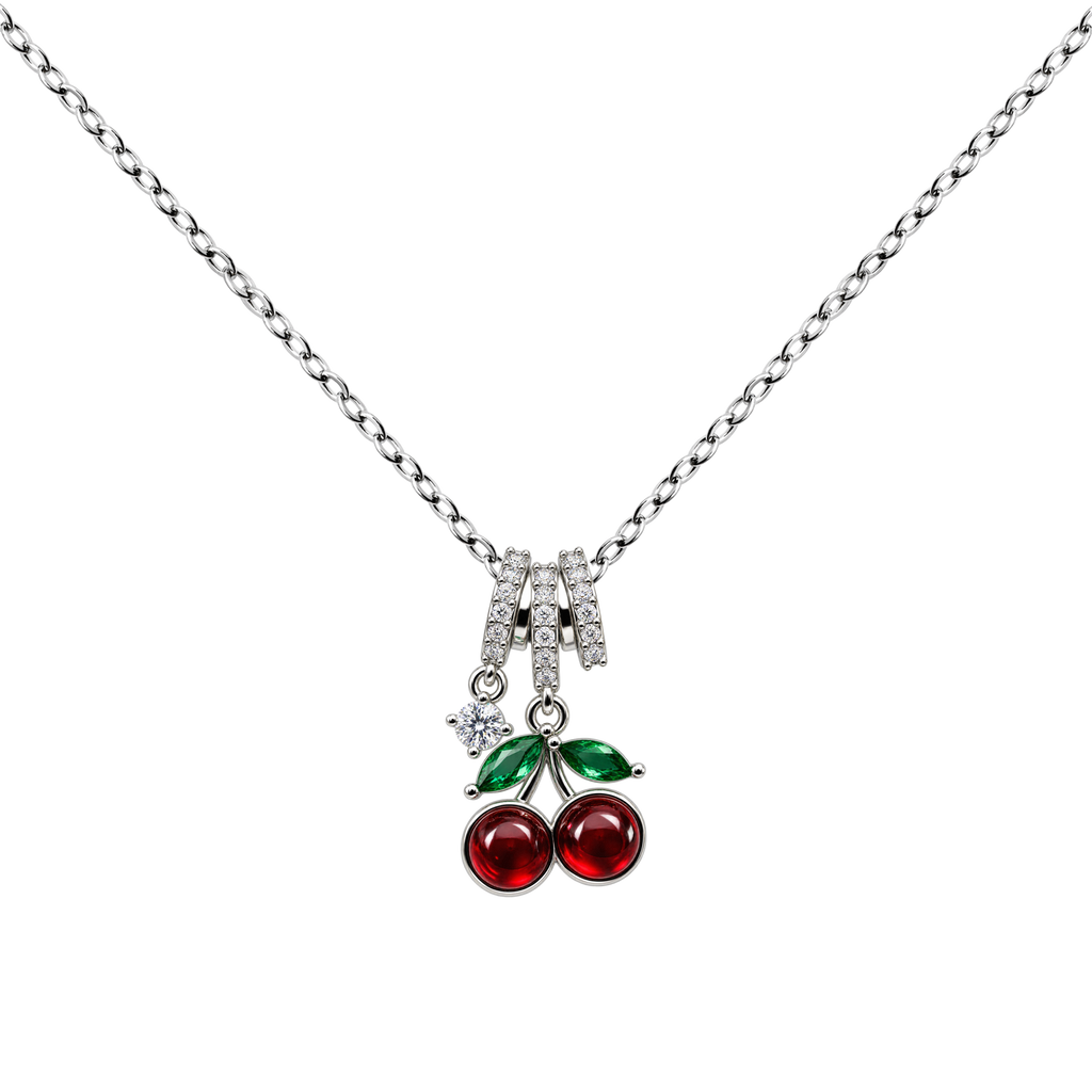 Collar de cerezas rojas, con hojas verdes, sobre fondo blanco.