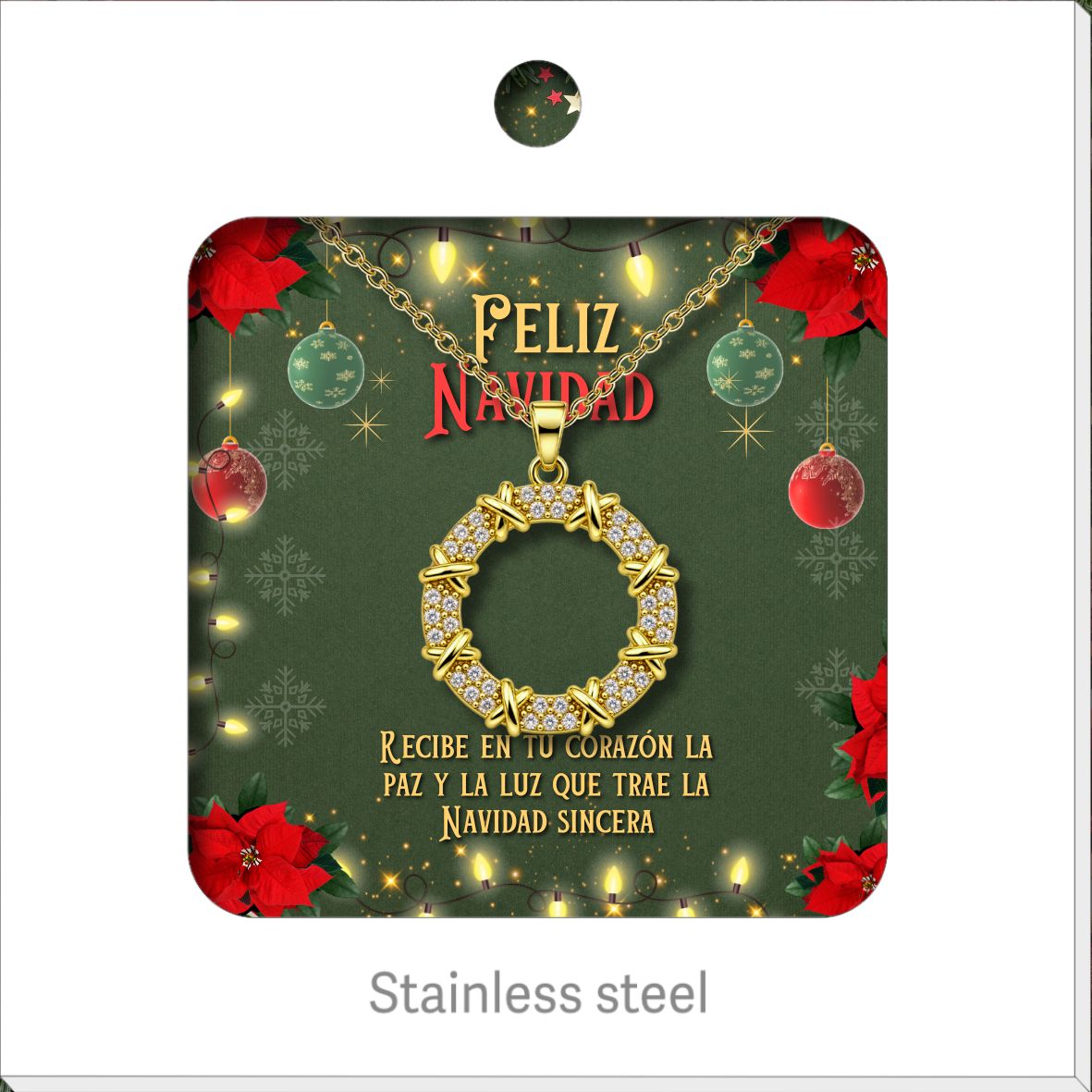 Collar de círculo dorado con circonitas, presentado en tarjeta navideña.