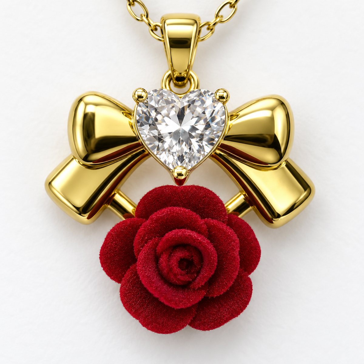 Pendant detail: red rose and gold tone bow necklace.